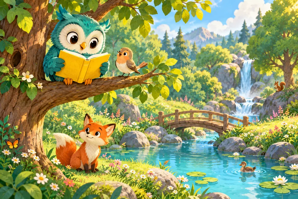 An owl enjoying a story in a woodland